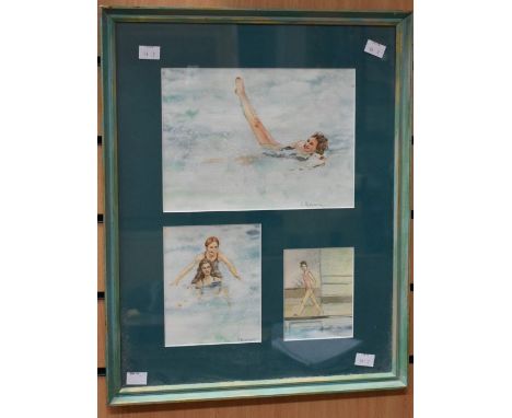 A framed piece of artwork of 3 different water scenes by P. Brennan - watercolours. Along with a larger gilt framed print of 