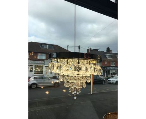 A chrome LED pendant with crystal droplets, adjustable height, diameter 20cm, min height from ceiling 20cm, maximum height fr