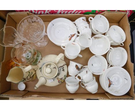 Collection of china and glass wares to include early 20th Century tea and coffee set hand painted with butterflies etched gla