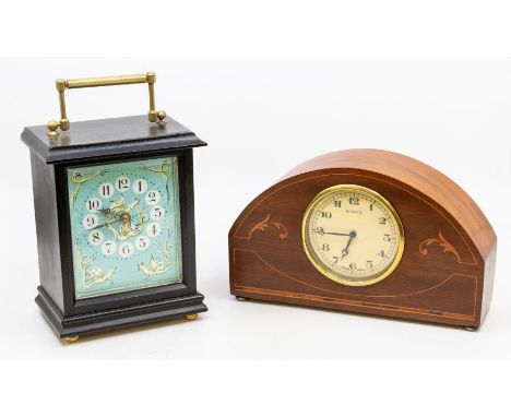 Carriage style clock in ebonised case with single train movement on balance escapement 4" x 5" dial with Arabic numerals, dra