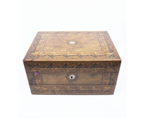 19th Century walnut writing / trinket box with Tonbridge style marquetry lift out shelf to reveal writing slope