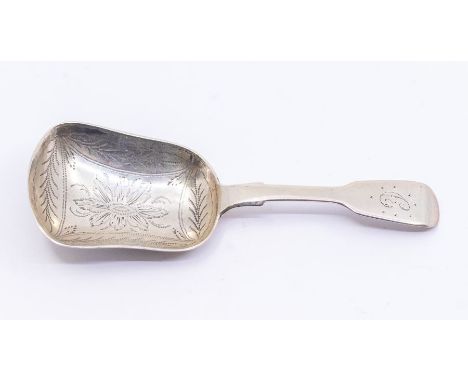 A Victorian silver fiddle pattern caddy shovel / spoon, with engraved decoration to bowl and initial to stem, hallmarked by C