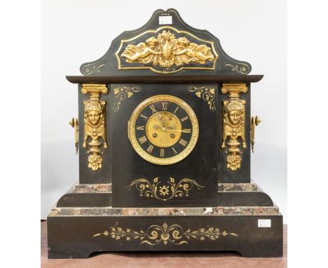 A large Victorian slate table or boardroom clock, with two train French movement, chiming on a gong. 5" 2 piece dial, black c