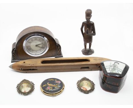 Treen weavers needle, mid 20th Century mantle clock, African figure and two miniatures, compact and Chinese box