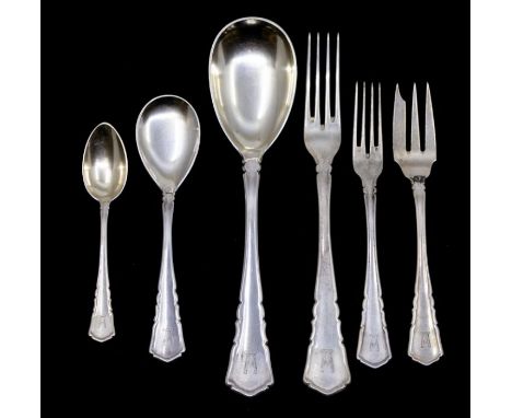 An extensive German 800 standard silver ornate flatware service by Posen, each handle engraved with initial A., reverse handl