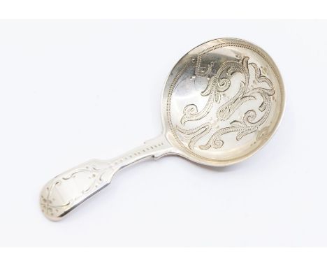 A Victorian silver fiddle pattern caddy spoon, engraved decoration to bowl and handle, hallmarked by Chawner &amp; Co.., Lond