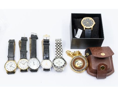 A Sekonda gold plated gents dress watch round black dial with baton markers, 12 set with a small diamond, to a leather strap,