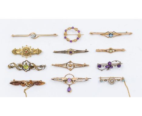 A collection of twelve Victorian and later sweetheart/bar brooches to include ten 9ct gold versions, some stone set, too incl