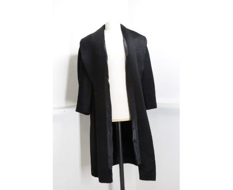 Black swagger design vintage wool coat, half belt design at back, rolled collar, duster coat design, mid to late 1950's; a 19