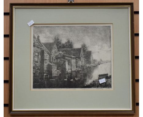 A mid 20th Century gilt framed wall mirror, Continental print and a mid 20th Century watercolour of a mill