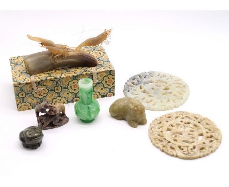 A collection of mid 20th Century Chinese jade and soapstone items including boxed crayfish figure