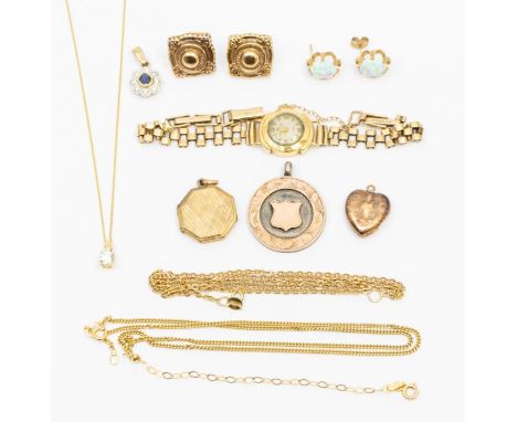 A collection of 9ct gold jewellery to include a pair of oval opal stud earrings, (one scroll&nbsp; missing) a sapphire and di