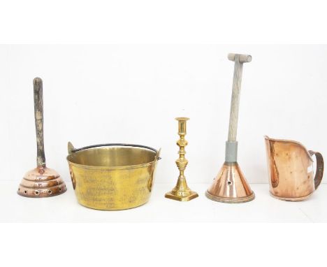 A selection of Victorian and later brass and copper items, to include: a brass preserve pan with iron swing handle, a Victori