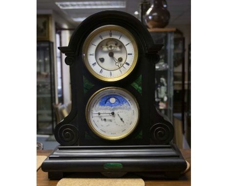 Victorian slate and malachite perpetual calendar mantle or table clock with French two train movement, striking on a bell, wi