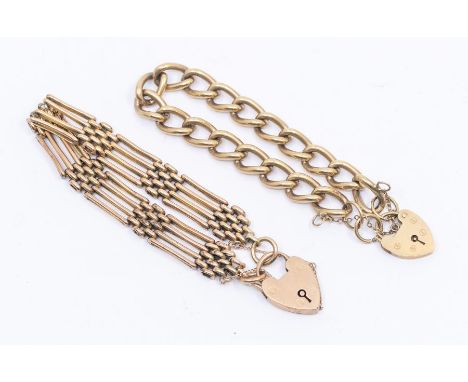 A 9ct rose gold gate bracelet with padlock clasp, along with a 9ct gold chain link bracelet with padlock clasp, combined weig