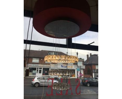 A three-tier chrome LED pendant, tier have adjustable height, diameter of top tier 50cm, maximum height 80cm, min height 30cm