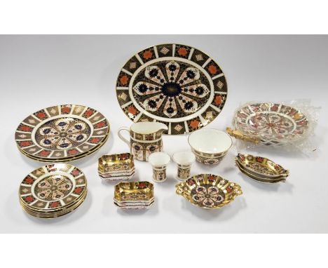 An assorted mix of Imari pattern Royal Crown Derby, including a platter, plates, trinket dishes, posy vases. Including patter