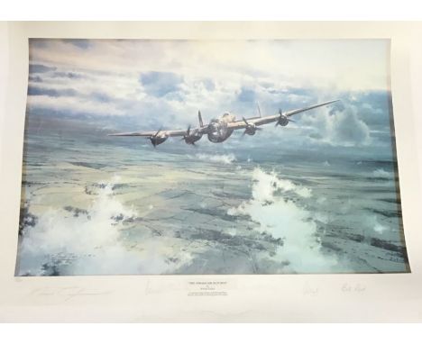 Limited edition Lancaster Bomber print ‘The Straggler Returns’ signed by five members of the Dam-Busters crews. 70cm x 50cm.