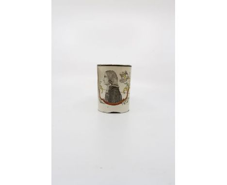 A late 18th Century creamware mug, coloured transfer print of John Wesley flanked by angels, one erased. Condition: AF - Seve