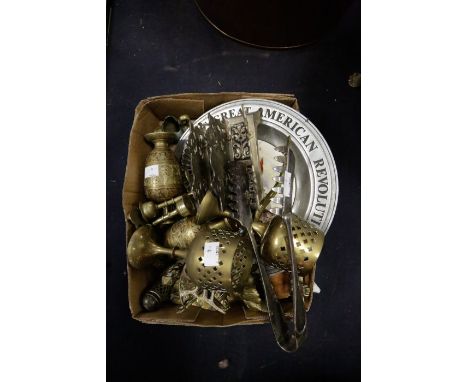 A small collection of Metal ware to include: An American Revolution 1776 plate with ceramic insert to centre, made in 1975 in