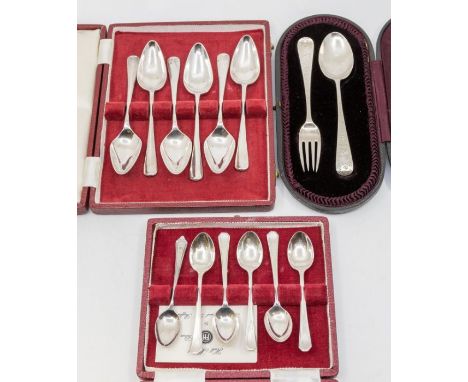 A Modern cased set of six silver grapefruit spoons, hallmarked by Francis Howard, Sheffield, 1964 together with a set of five