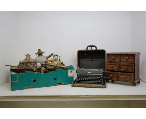 A collector's lot to include a group of brass, copper, metalware: a mid 20th Century shaped rectangular fire guard, with turn