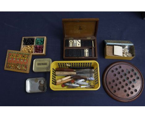 Collection of late 19th / early 20th Century games, cards, crib boards, chess pieces, carved card boxes, dominoes, small hous