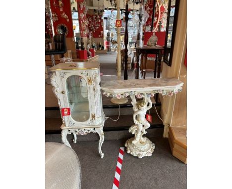 A cream and gold crackle finish four-legged display cabinet and a matching marble top console table.  The cabinet has a glaze