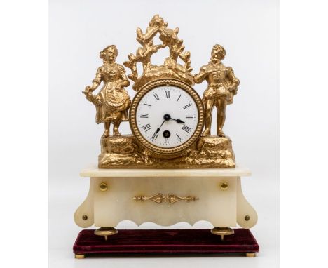 A French spelter and marble style single train mantel clock with 3 white dial with a couple either side. Raised on a white ma