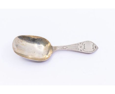 A Victorian silver caddy spoon/shovel, engraved geometric decoration and vacant cartouche to the stem, hallmarked by George U