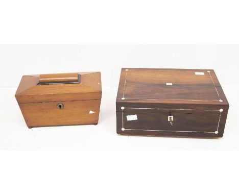 A mother of pearl and wooden box (unable to open but with key), along with a sarcophagus shaped wooden tea caddy with covers 