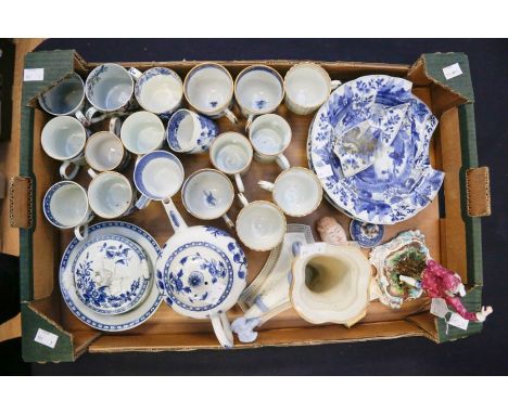 A collection of 18th &amp; 19th Century blue and white to include: Worcester butter dish / tub, cover and stand, decorated wi