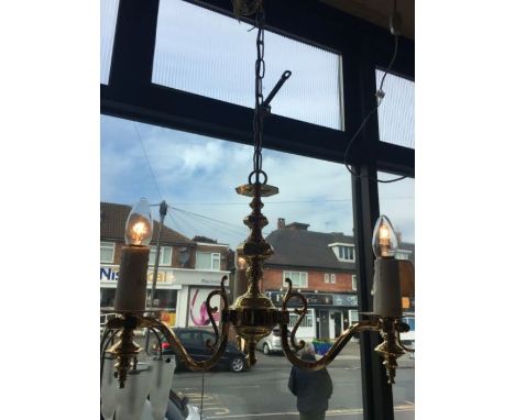 A three-arm upward facing gold solid brass chandelier, 3 x bayonet cap candle bulbs, LED compatible, adjustable chain height,
