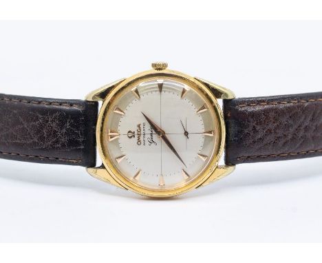 Omega- a gentleman's vintage gold plated Omega Genève Automatic wristwatch, comprising a silvered dial, with applied rose met