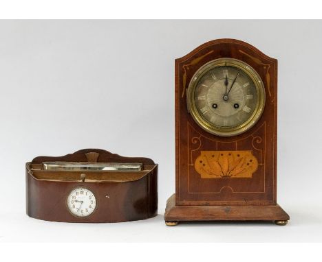 Edwardian mahogany mantle clock along with vanity wall hanging box with pocketwatch inserted