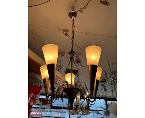 A five-arm satin silver chandelier complete with scavo coned glass shades, height adjustable silver chain, requires 5 x small