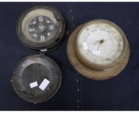 Early 20th Century ships barometer along with two WWII ships compasses&nbsp;