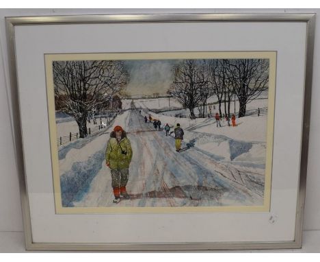 A winter scene watercolour along with an Arabic print and boat on the sea watercolour