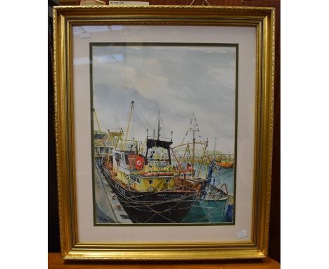 A group of four frames comprising two Cornish-themed watercolours by Ray Lloyd, both 37 x 47cm, a John Thorley watercolour of