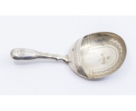 A Georgian silver fiddle pattern caddy shovel, engraved band decoration to bowl, handle with initials, hallmarked by Cocks &a