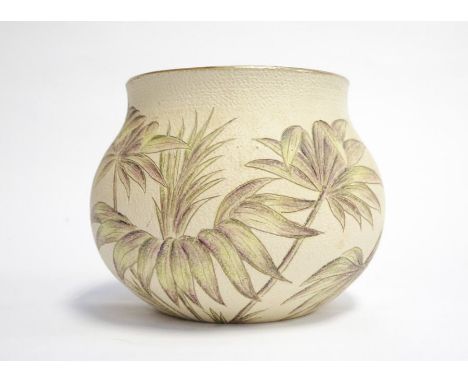 A pot bellied Langley ware dry bodied jardiniere decorated with incised palm, leaves on a cream ground, the leaves picked out