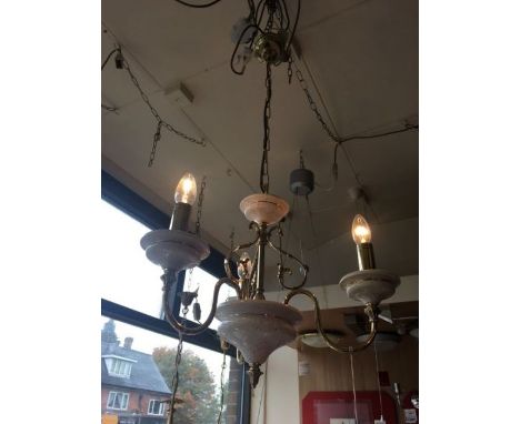A three-arm white ceramic with blue fleck brass chandelier, adjustable height chain, require 3 x small bayonet cap candle bul
