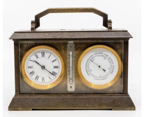 A good desk weather station with clock, thermometer and aneroid barometer contained in a brass case with carrying handle, bev