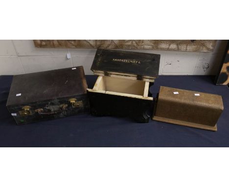 A wooden cased early 20th Century calculator, typewriter, vanity case, two treen boxes&nbsp;