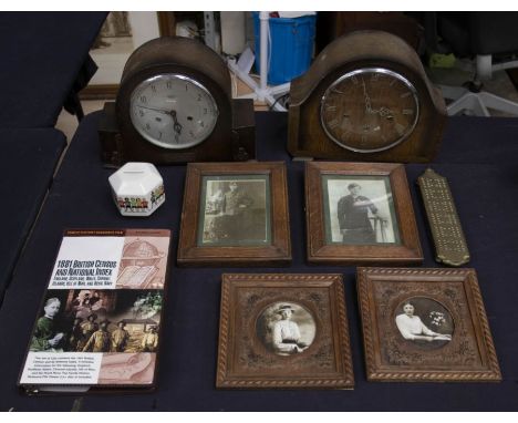 Two 1930s mantle clock wooden framed mirrors with vintage photographs etc.