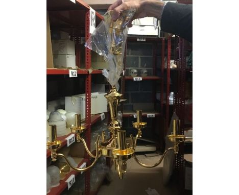 A five-arm gold finish chandelier, 5 x small bayonet bulbs required, LED compatible, max height 95cm, min height 65cm, diamet