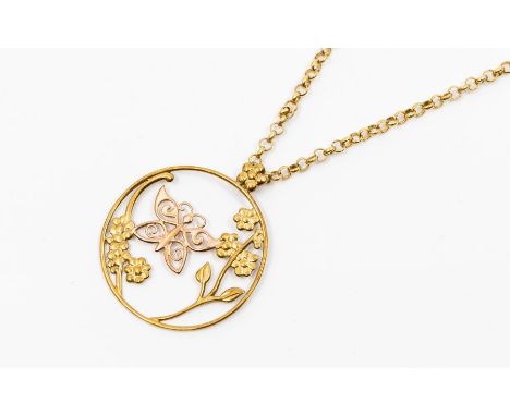 A Clogau gold pendant, comprising a circular open wire fork 9ct gold form, inset with yellow gold floral decoration and a ros
