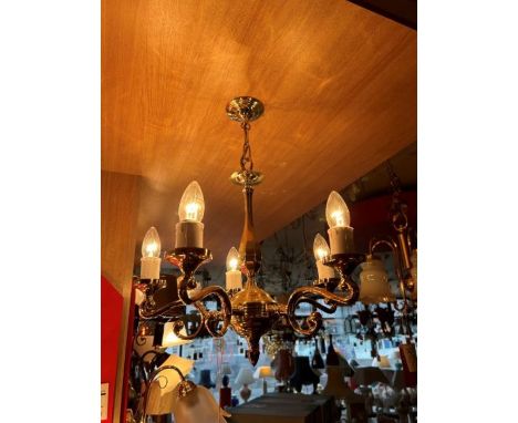 A pair of five-arm genuine solid brass chandeliers with five ‘S’ shaped arms and a slender central column, height adjustable,