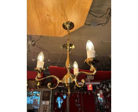 A pair of three-arm genuine solid brass chandeliers with three ‘S’ shaped arms and a slender central column, height adjustabl