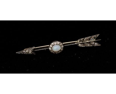 An Edwardian opal and diamond set arrow brooch the centre set with an oval opal within a border of small old cut  diamonds, t